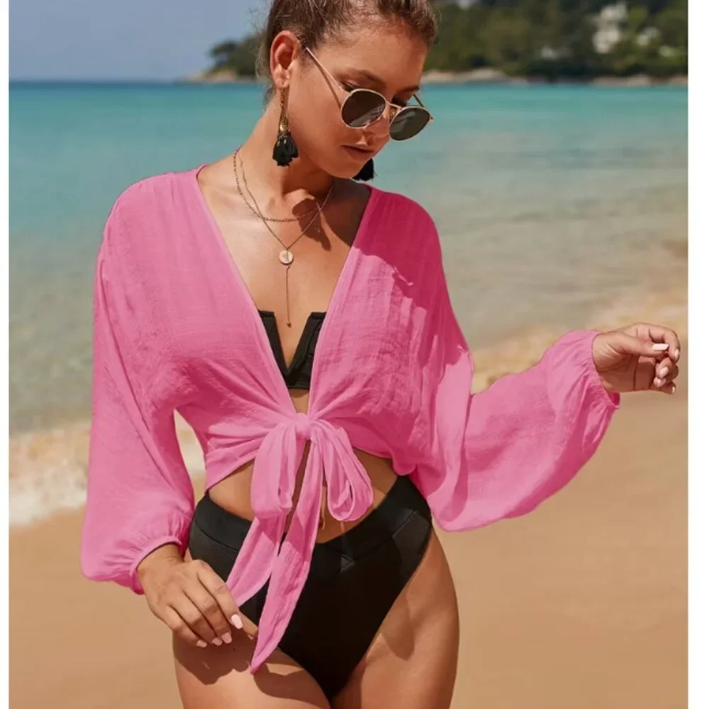 New Boho Pink Cover up Tie-Front V-Neck, Drop Shoulder, - Picture 1 of 1